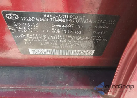 2017 Hyundai Sonata Se из США, поврежденный, VIN 5NPE24AF3HH458785